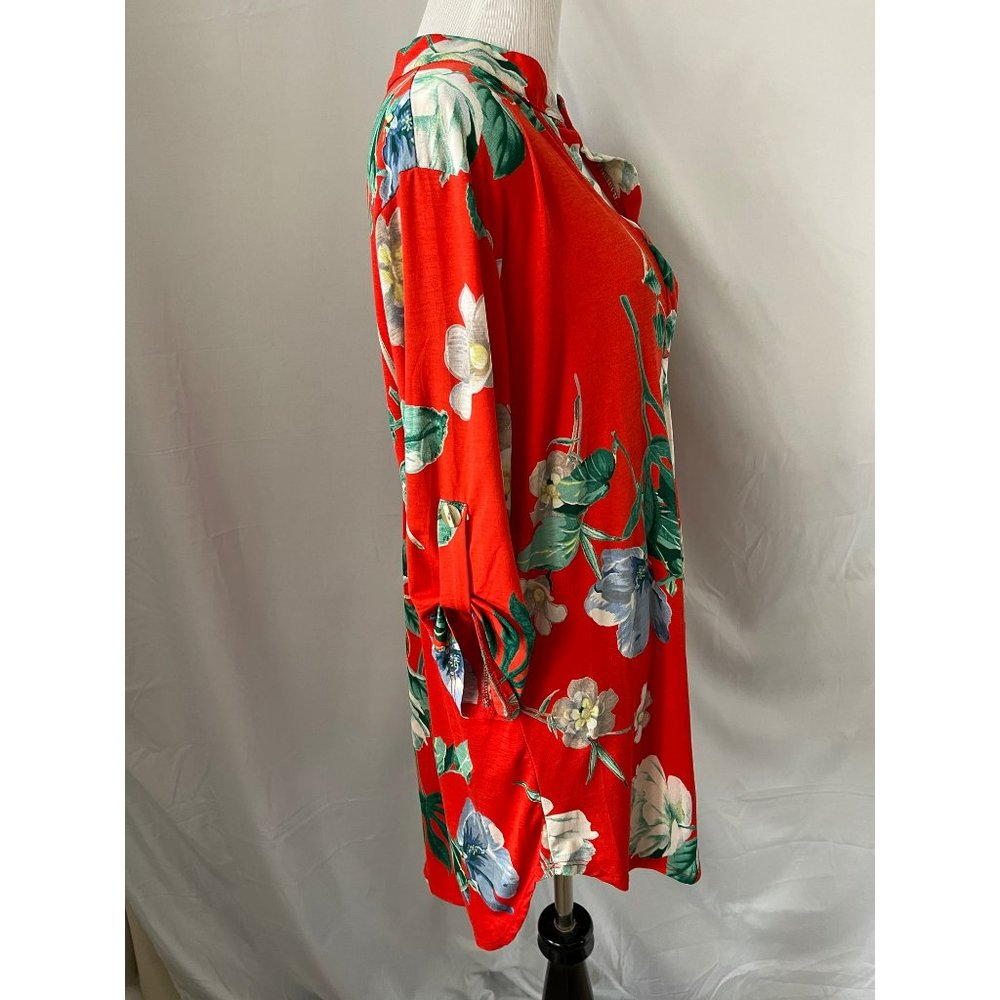 E'loges Collared Peek-a-boo V-Neck Floral Stretchy Short Sleeve Dress/Long Shirt - Picture 5 of 12
